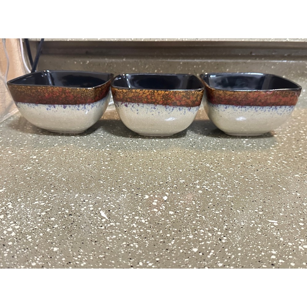 MasterCuisine Square Stoneware Bowls Set of 3 Tan Blue‎ Speckled Black Interior - Picture 6 of 10